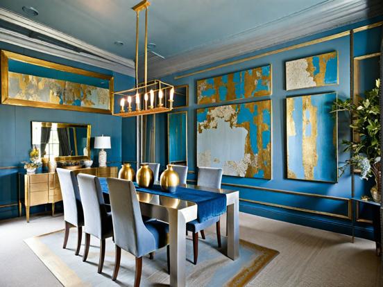 Blue gold dining room decor