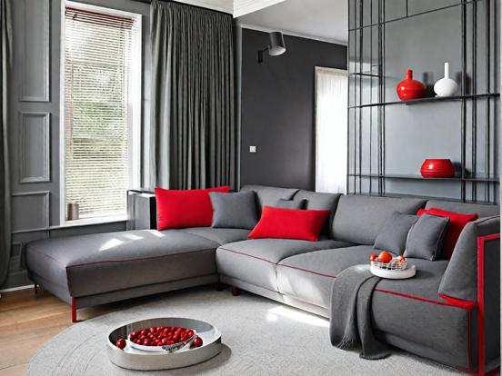 Living room with red black couch