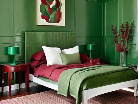 Green headboard red blanket bed