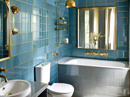 Blue gold bathroom white toilet