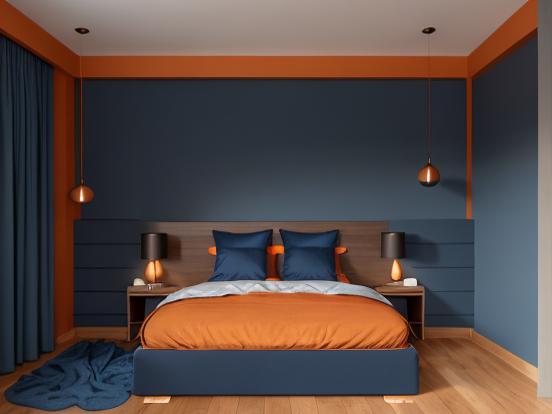 Closeup blue headboard orange bed