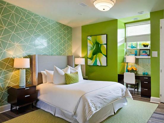 Green bedroom white bed accents