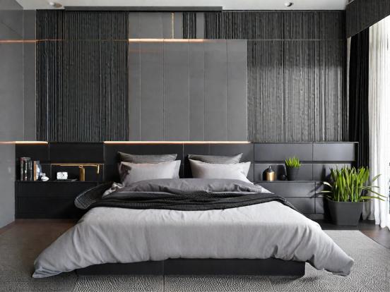 Dark serene bedroom minimal design