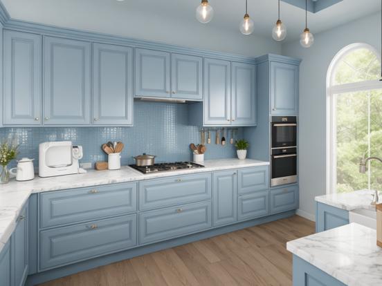 Blue white kitchen 3D render