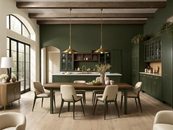 Closeup dining room green tones