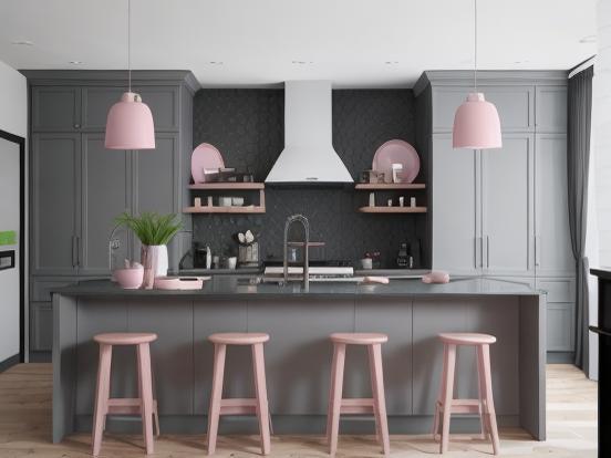 Modern pink grey kitchen closeup