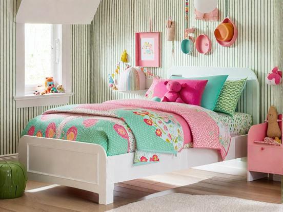 Pink green bed girl room bright