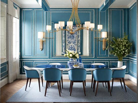 Blue gold dining room decor