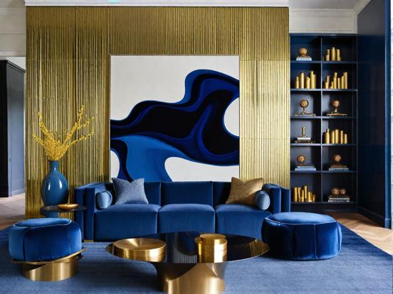 Bright blue gold living room