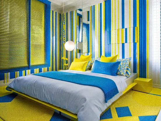 Blue yellow bed closeup