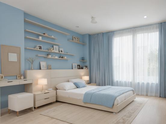 Blue white bedroom with desk