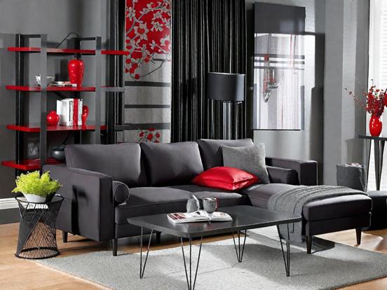 Modern gray red black living room