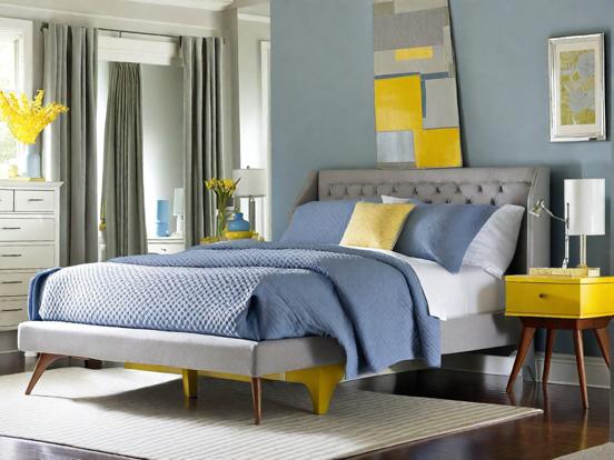 Blue yellow bed closeup