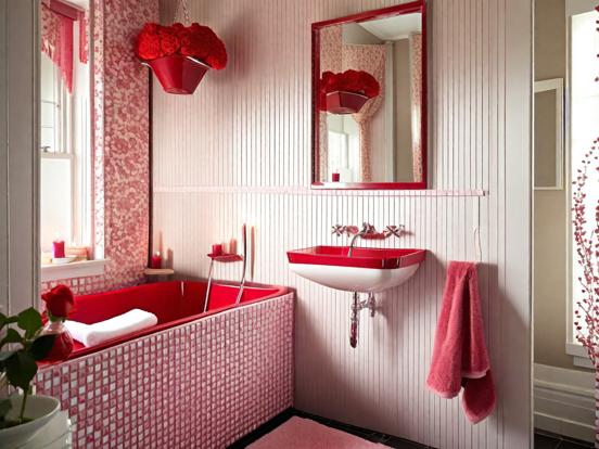 Red pink bathroom with tub