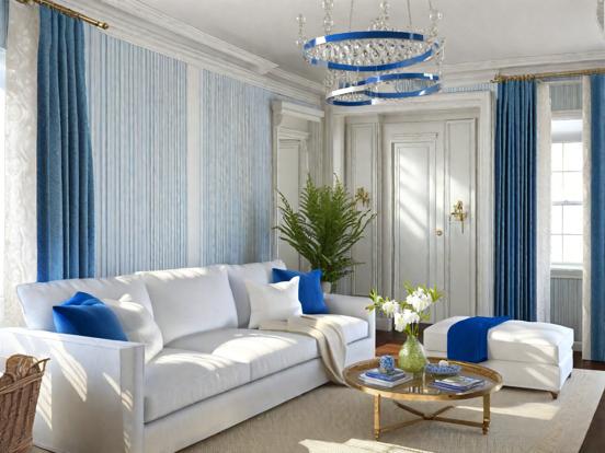 Bright blue white living room