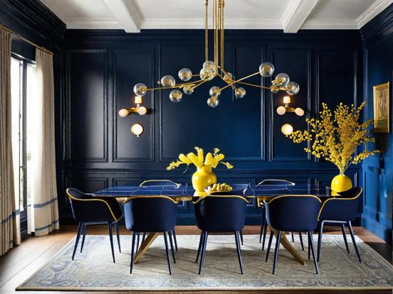 Blue gold dining room setup