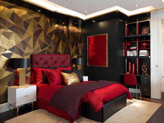 Red black gold bedroom decor