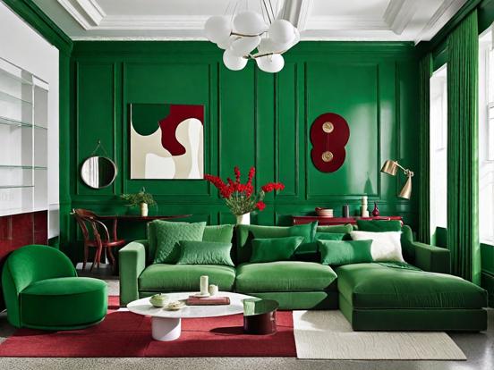 Bright green red living room