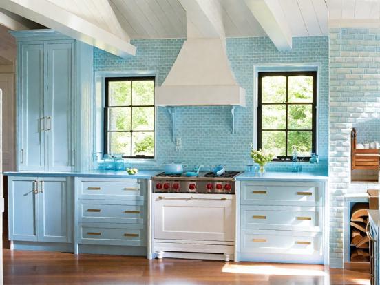 Blue kitchen white stove bright