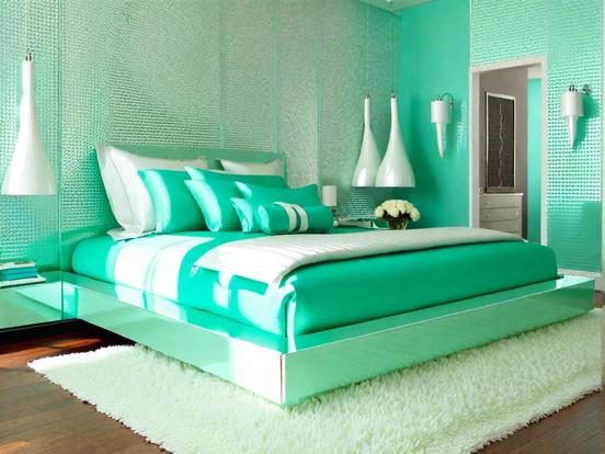 Teal bed closeup green white