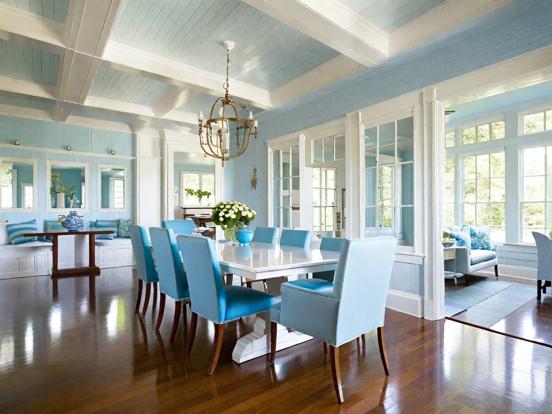 Blue dining room white table