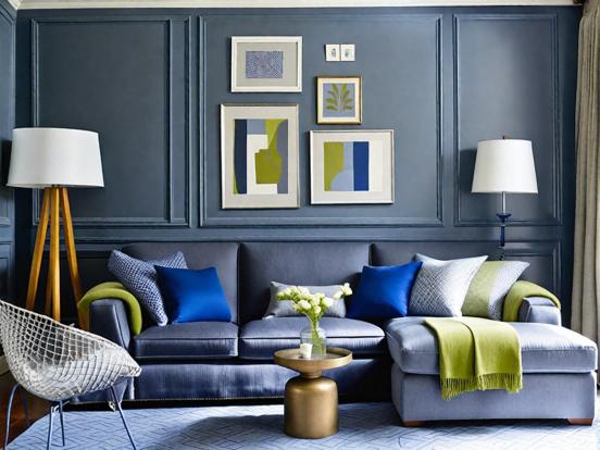 royal blue and grey living room