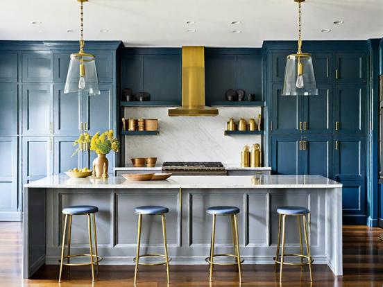 Kitchen closeup blue gold stools