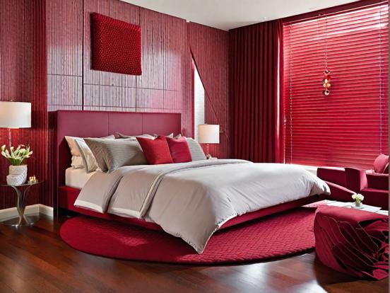 Closeup of red bedroom bed