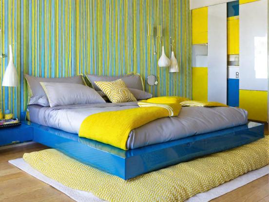 Blue yellow themed bedroom