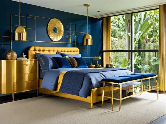 Closeup of bed blue gold room