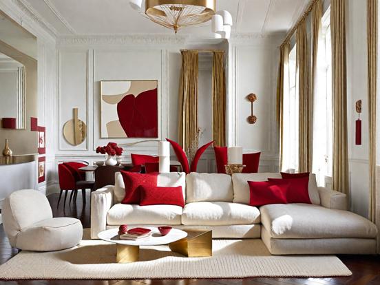 Red white themed living room