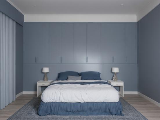 Blue and grey minimalist bedroom