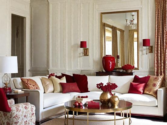 Red white living room decor