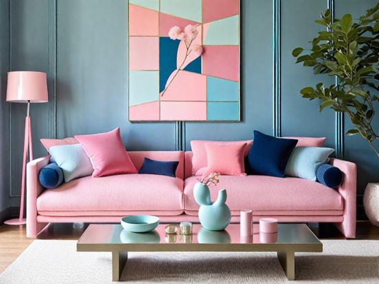 Pink couch blue pastel room