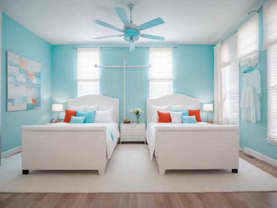 Blue bedroom twin beds fan