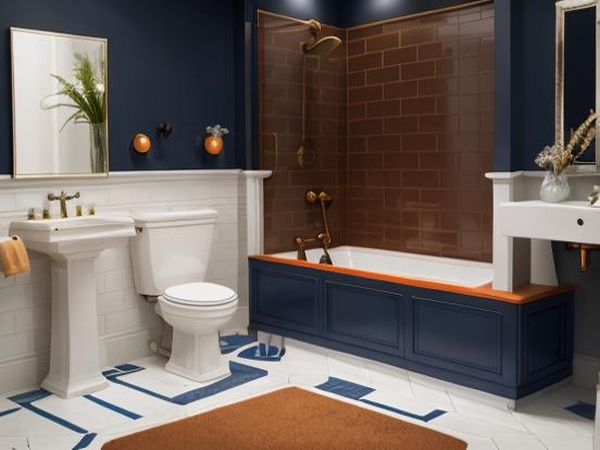 Blue white tiled bath with rug