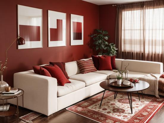 Red living room white couch