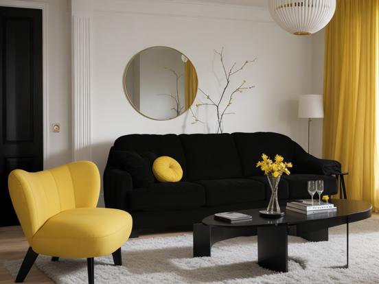 Yellow black living room decor