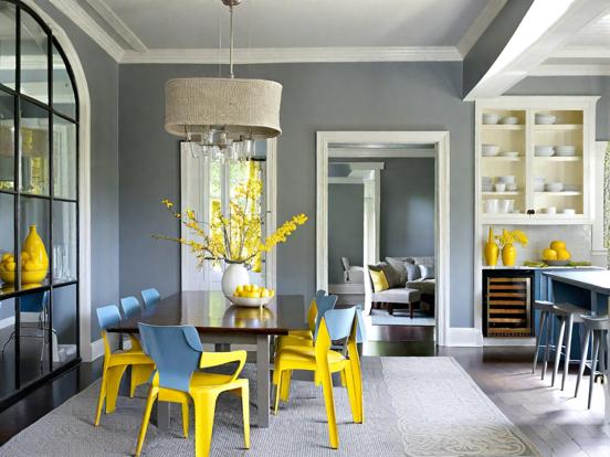 grey yellow and blue dining room