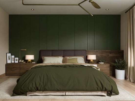 Bedroom with bed green wall tones