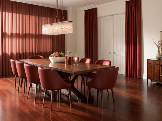 Elegant dining room with red chairs