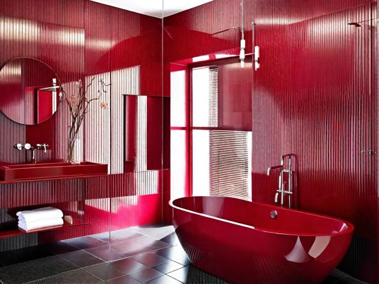 Red bathroom red tub sink mirror