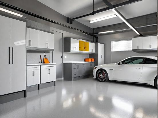 Car in garage white cabinet floor