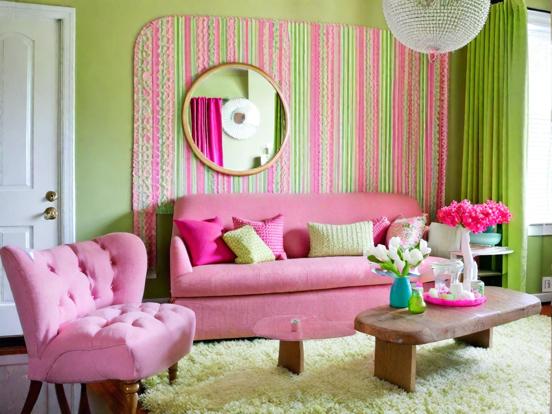 Bright pink green living room