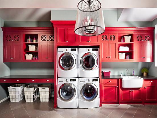 Red laundry room washer dryer