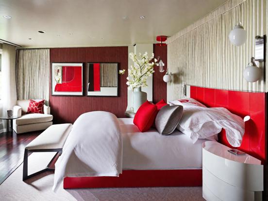 Red white bedroom bold wall