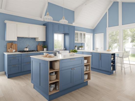 Blue kitchen cabinets wood accents