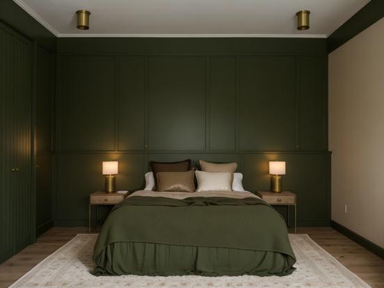 Bedroom with bed lamps green tones