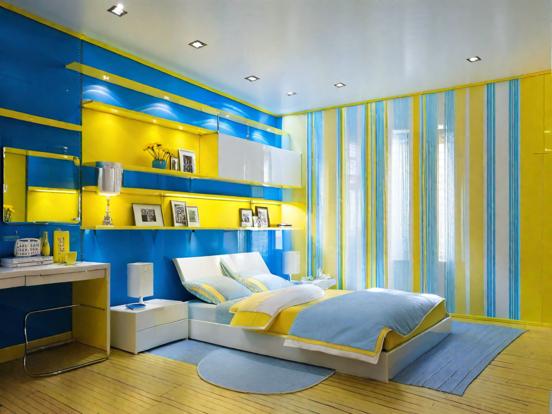 Blue yellow bedroom closeup