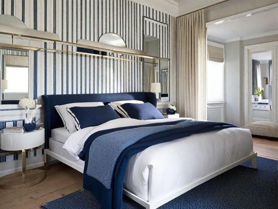 Blue white striped serene bedroom